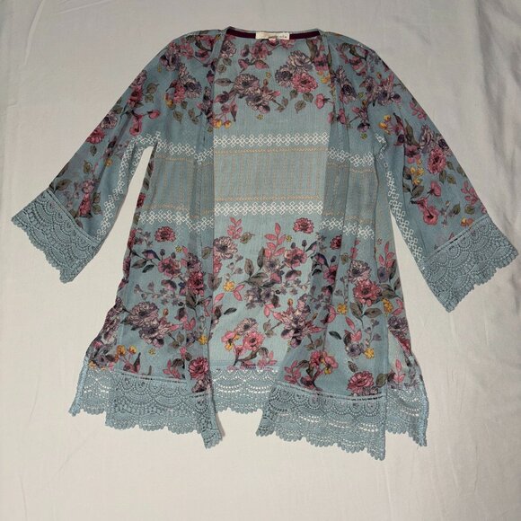 Rewind Floral Kimono Cardigan Small Sage Green Crochet Lace Boho Semi-Sheer - Picture 1 of 11